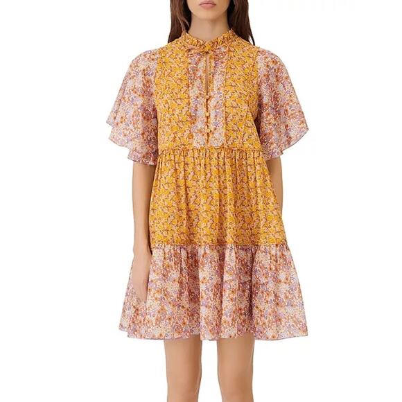 Maje Rissolette Smocked Floral‎ Print Dress Yellow Orange EU34/XS - Picture 1 of 13